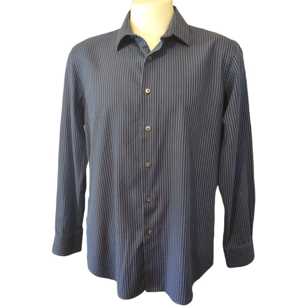 Apt. 9 Button Down Shirt Large Pinstripe Black Blue Office Norm Core Long Sleeve